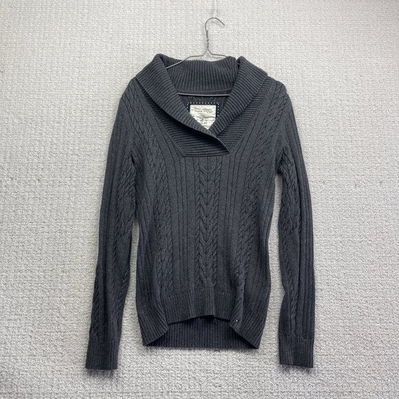 VTG Tommy Hilfiger Womens M Cable Knit Sweater Shawl Collar Neutral Grey - Picture 1 of 12